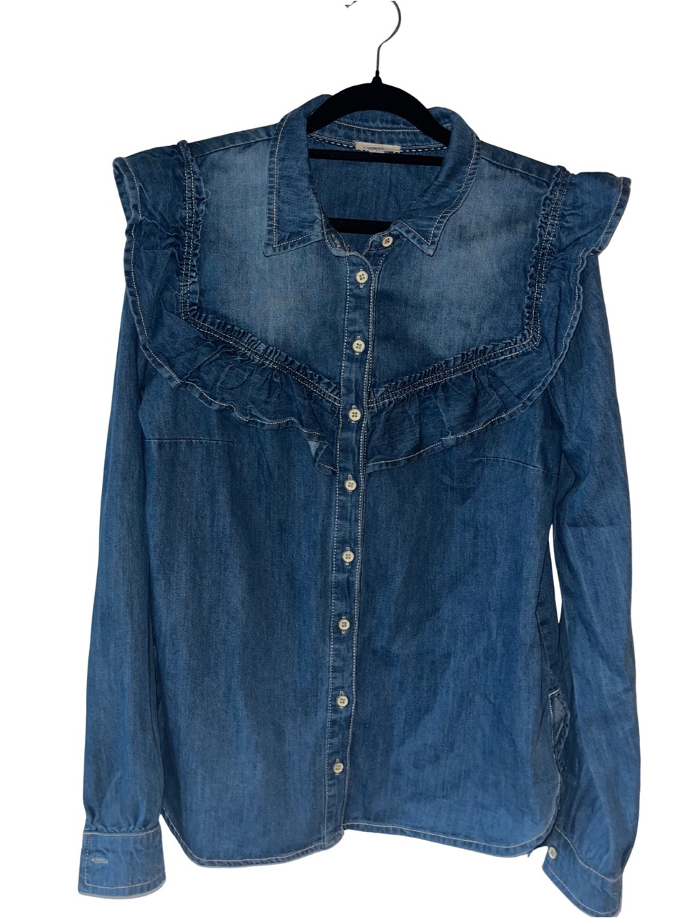 Anthropologie Pilcro Cotton Ruffled Denim Buttondown Shirt | Medium